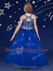 Elegant Scoop Royal Blue Organza Zipper Child Pageant Dress Sleeveless Floor Length Beading