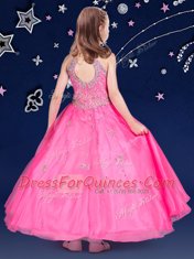 Halter Top Hot Pink Ball Gowns Beading Flower Girl Dresses for Less Zipper Organza Sleeveless Floor Length