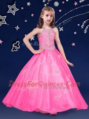 Halter Top Hot Pink Ball Gowns Beading Flower Girl Dresses for Less Zipper Organza Sleeveless Floor Length