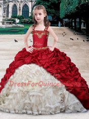 Straps White and Wine Red Ball Gowns Beading and Appliques and Ruffles and Pick Ups Kids Pageant Dress Lace Up Organza and Taffeta Sleeveless Floor Length