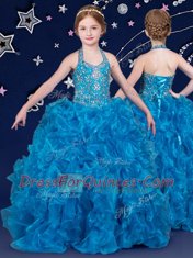 Floor Length Blue Girls Pageant Dresses Halter Top Sleeveless Lace Up