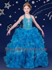 Floor Length Blue Girls Pageant Dresses Halter Top Sleeveless Lace Up