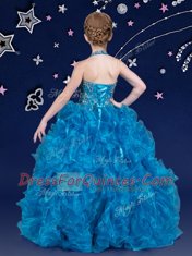 Floor Length Blue Girls Pageant Dresses Halter Top Sleeveless Lace Up