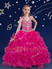 Modest Fuchsia Girls Pageant Dresses Quinceanera and Wedding Party and For with Beading and Ruffles Halter Top Sleeveless Lace Up