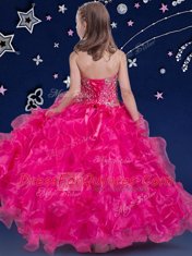 Modest Fuchsia Girls Pageant Dresses Quinceanera and Wedding Party and For with Beading and Ruffles Halter Top Sleeveless Lace Up