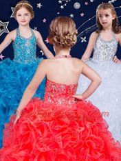Low Price White and Coral Red and Blue Ball Gowns Organza Halter Top Sleeveless Beading and Ruffles Floor Length Lace Up Girls Pageant Dresses