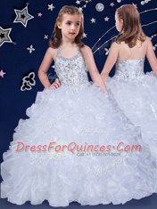Low Price White and Coral Red and Blue Ball Gowns Organza Halter Top Sleeveless Beading and Ruffles Floor Length Lace Up Girls Pageant Dresses