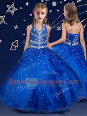 High End Royal Blue Lace Up Halter Top Beading Pageant Gowns For Girls Organza Sleeveless
