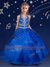 High End Royal Blue Lace Up Halter Top Beading Pageant Gowns For Girls Organza Sleeveless