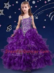 High Quality Ruffled Floor Length Ball Gowns Sleeveless Purple Child Pageant Dress Lace Up