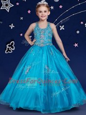 High Quality Blue Flower Girl Dresses Quinceanera and Wedding Party and For with Beading Scoop Sleeveless Zipper
