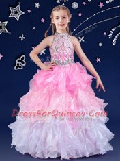 White and Pink And White Girls Pageant Dresses Quinceanera and Wedding Party and For with Beading and Ruffles Halter Top Sleeveless Zipper