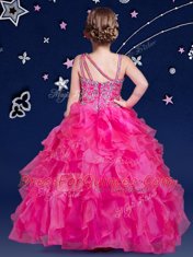 Sleeveless Floor Length Beading and Ruffles Zipper Kids Formal Wear with Hot Pink
