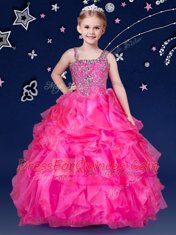 Sleeveless Floor Length Beading and Ruffles Zipper Kids Formal Wear with Hot Pink