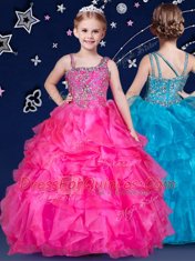 Sleeveless Floor Length Beading and Ruffles Zipper Kids Formal Wear with Hot Pink
