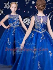 Scoop Floor Length Royal Blue Kids Formal Wear Organza Sleeveless Beading and Appliques