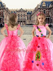 Popular Rose Pink Cap Sleeves Beading and Appliques and Ruffles Floor Length Little Girls Pageant Dress