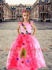 Popular Rose Pink Cap Sleeves Beading and Appliques and Ruffles Floor Length Little Girls Pageant Dress