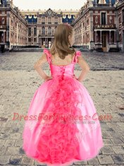 Popular Rose Pink Cap Sleeves Beading and Appliques and Ruffles Floor Length Little Girls Pageant Dress