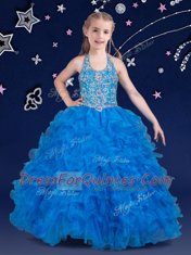 Latest Halter Top Organza Sleeveless Floor Length Little Girls Pageant Dress and Beading and Ruffles