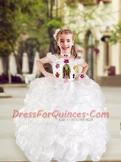Cap Sleeves Organza and Taffeta Floor Length Lace Up Little Girl Pageant Dress in White with Beading and Appliques and Ruffles