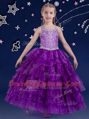 Custom Made Ruffled Halter Top Sleeveless Zipper Little Girls Pageant Dress Eggplant Purple Organza