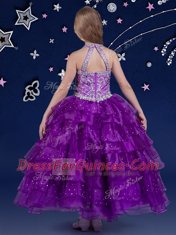 Custom Made Ruffled Halter Top Sleeveless Zipper Little Girls Pageant Dress Eggplant Purple Organza