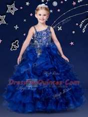 Sleeveless Organza Floor Length Lace Up Pageant Gowns For Girls in Royal Blue with Beading and Ruffled Layers