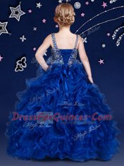 Sleeveless Organza Floor Length Lace Up Pageant Gowns For Girls in Royal Blue with Beading and Ruffled Layers