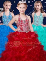 Wine Red and Baby Blue and Turquoise Little Girls Pageant Gowns Quinceanera and Wedding Party and For with Beading and Ruffles Halter Top Sleeveless Zipper