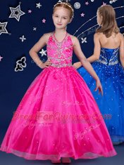 Simple Halter Top Hot Pink Sleeveless Floor Length Beading Lace Up Kids Formal Wear