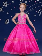 Simple Halter Top Hot Pink Sleeveless Floor Length Beading Lace Up Kids Formal Wear