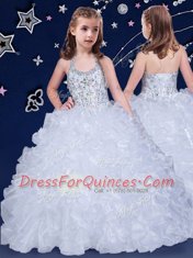 Fantastic White Girls Pageant Dresses Quinceanera and Wedding Party and For with Beading and Ruffles Halter Top Sleeveless Lace Up