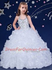 Fantastic White Girls Pageant Dresses Quinceanera and Wedding Party and For with Beading and Ruffles Halter Top Sleeveless Lace Up