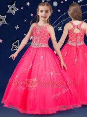 Modest Scoop Hot Pink and Royal Blue Zipper Little Girl Pageant Gowns Beading Sleeveless Floor Length