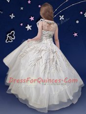 Scoop Floor Length Ball Gowns Long Sleeves White Pageant Gowns For Girls Zipper