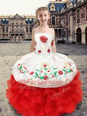 Enchanting Sleeveless Organza and Taffeta Floor Length Lace Up Girls Pageant Dresses in White and Red with Beading and Appliques and Ruffles