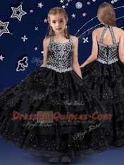 Halter Top Sleeveless Beading and Ruffled Layers Zipper Flower Girl Dress