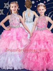 Fashionable Halter Top Floor Length Ball Gowns Sleeveless White and Pink And White Little Girl Pageant Gowns Zipper
