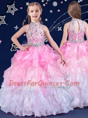 Fashionable Halter Top Floor Length Ball Gowns Sleeveless White and Pink And White Little Girl Pageant Gowns Zipper