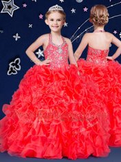 Captivating Halter Top Beading and Ruffles Little Girls Pageant Dress Coral Red Zipper Sleeveless Floor Length
