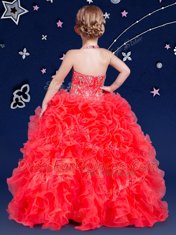 Captivating Halter Top Beading and Ruffles Little Girls Pageant Dress Coral Red Zipper Sleeveless Floor Length