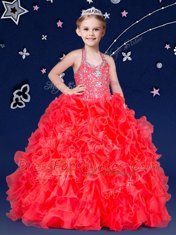 Captivating Halter Top Beading and Ruffles Little Girls Pageant Dress Coral Red Zipper Sleeveless Floor Length