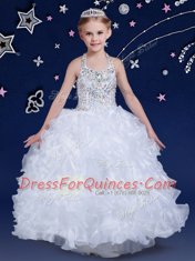 Halter Top Floor Length White Little Girls Pageant Dress Wholesale Organza Sleeveless Beading and Ruffles