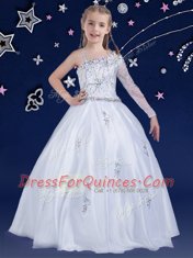 Ideal White Sleeveless Beading Floor Length Little Girls Pageant Dress