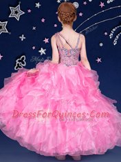 Deluxe Rose Pink Organza Zipper Kids Pageant Dress Sleeveless Floor Length Beading and Ruffles