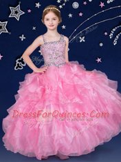 Deluxe Rose Pink Organza Zipper Kids Pageant Dress Sleeveless Floor Length Beading and Ruffles