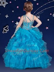 Deluxe Rose Pink Organza Zipper Kids Pageant Dress Sleeveless Floor Length Beading and Ruffles