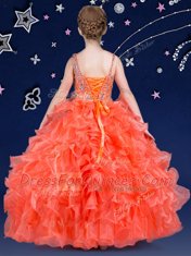 Fitting Orange Ball Gowns Organza Asymmetric Sleeveless Beading and Ruffled Layers Floor Length Lace Up Little Girls Pageant Gowns