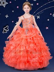 Fitting Orange Ball Gowns Organza Asymmetric Sleeveless Beading and Ruffled Layers Floor Length Lace Up Little Girls Pageant Gowns